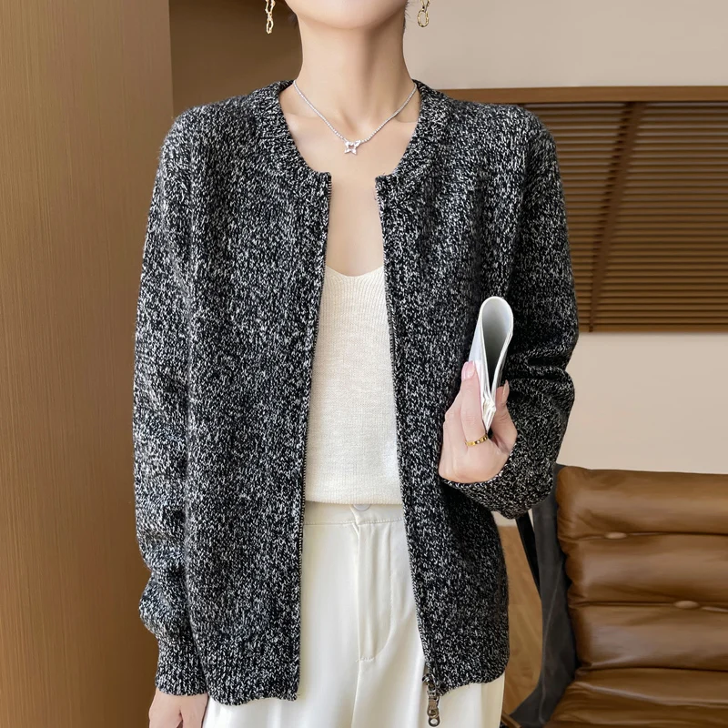 Round Neck Cardigan Women\'s Cashmere Knitted Jacket With Zipper Loose Long Sleeves Autumn Winter New Versatile Warm CommutingTop