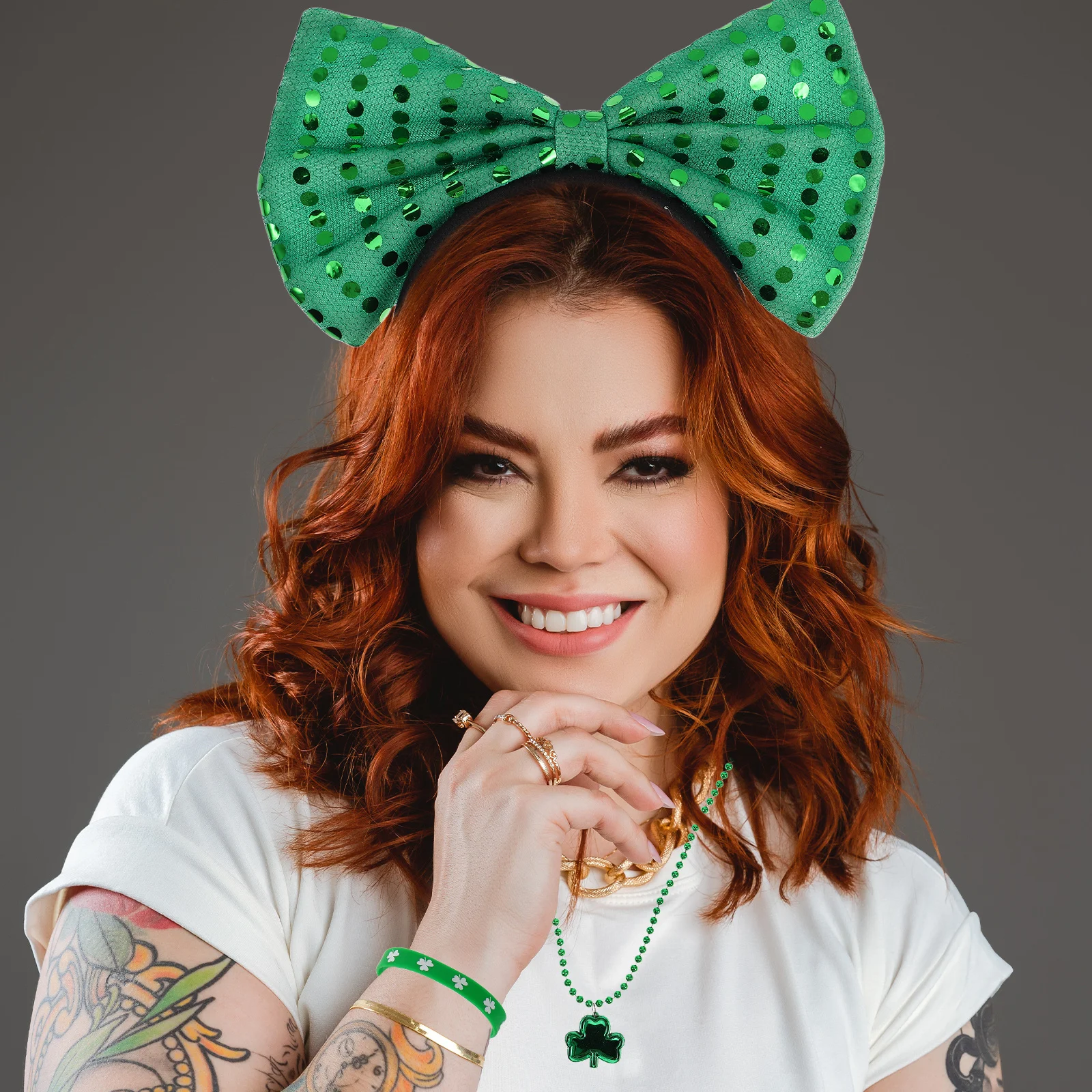 

1Set St Patrick's Day Costume Accessories Green Shamrock Headband Necklace Bracelet Set for Women Festive Jewelry