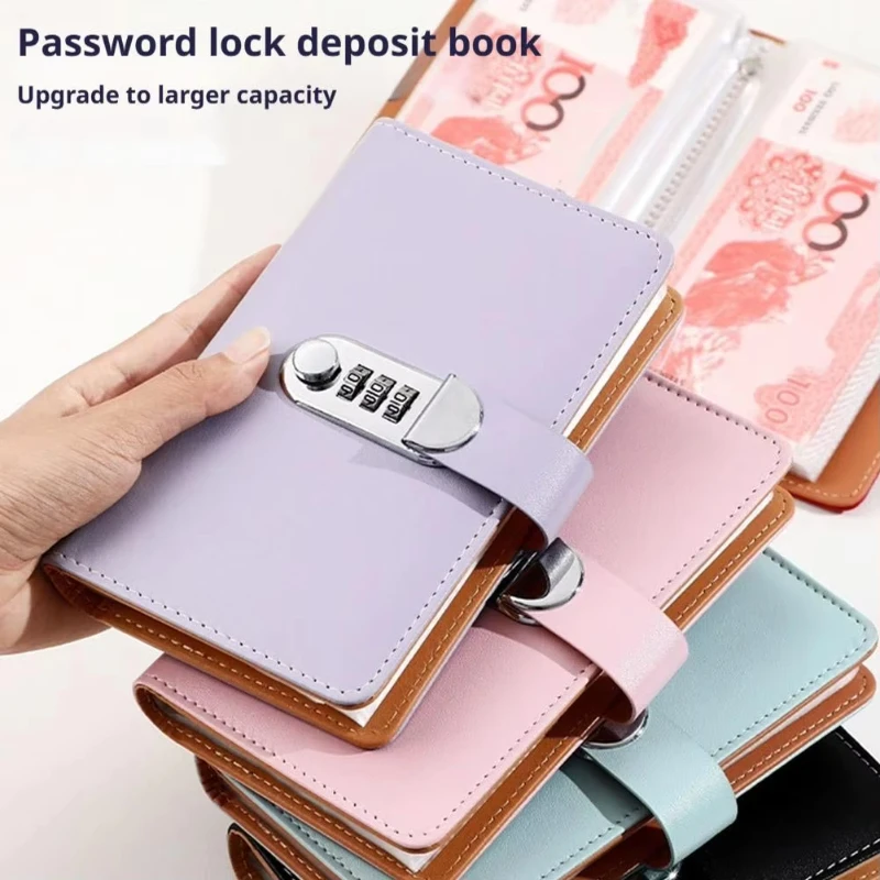 A6 PU Leather Cash Saving Book with Password Lock 50 Pages Budget Binder Money Saving Challenge Banknote Collection Organizer