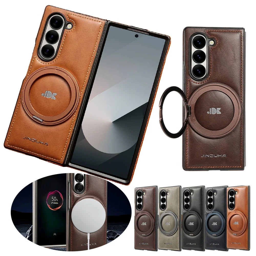 

Ring Bracket Leather Case Magnetic Phone Cover For Samsung Galaxy Z Fold 6 5 4 3 Magsafe Phone Case Business Leather Shell