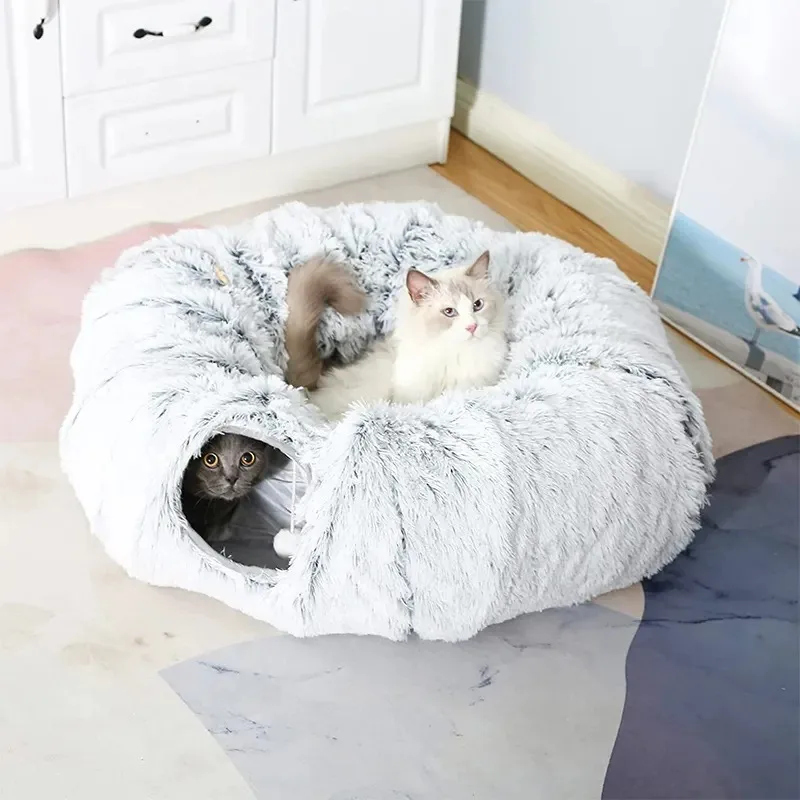 Plush Cat Bed with Tunnel for Indoor Cats, Multifunctional Cat Tunnel Bed with Peephole, Fluffy Donut Cat Bed with Tunnel