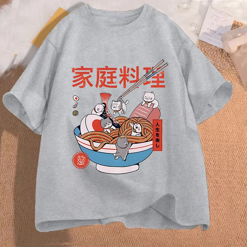 Kawaii Ramen Cats Food Tee Shirt Funny Men/Women Harajuku Aesthetic Tshirt Vintage Unisex Streetwear Clothes Anime Cartoon Tops