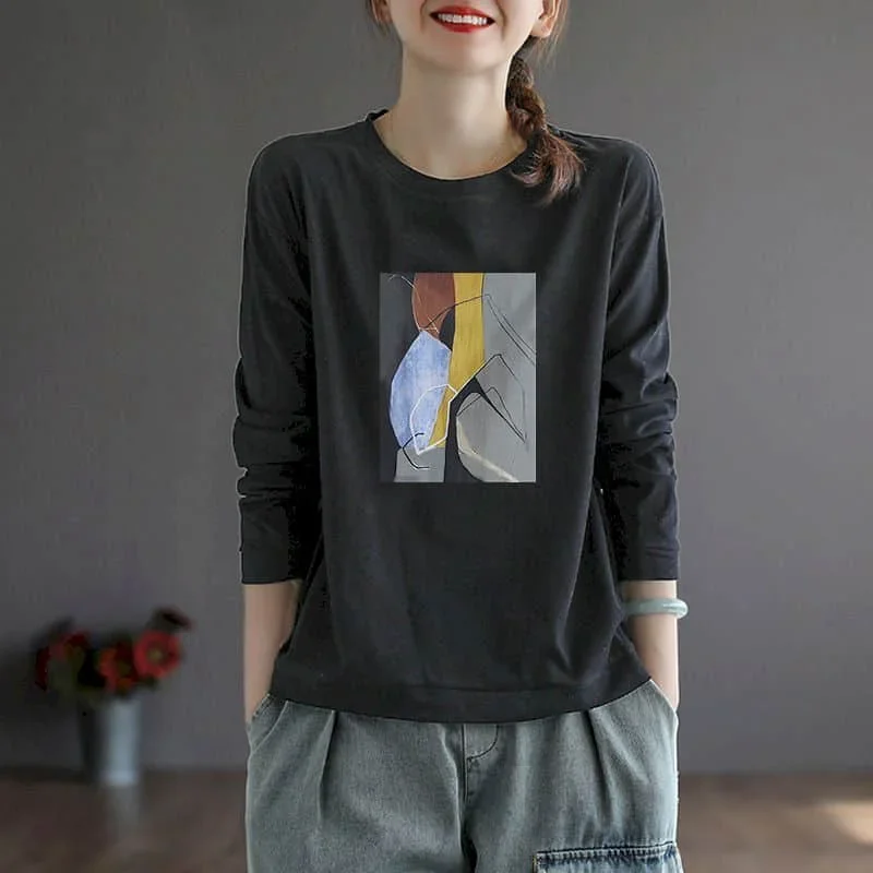 Pop Literary T-shirts Women Harajuku Abstract Print Tees Oversized Casual Korean Style Long Sleeve O-neck Aesthetic Clothes Tren