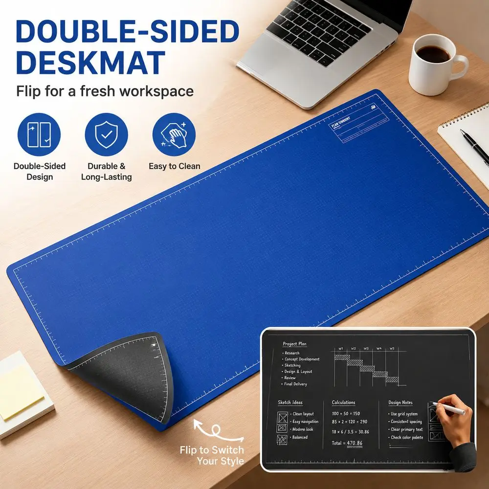 Double-Sided Double-Sided Desk Mat Portable Reusable Writing Desk Pad Blue Rounded Corners Reusable Doodle Mat