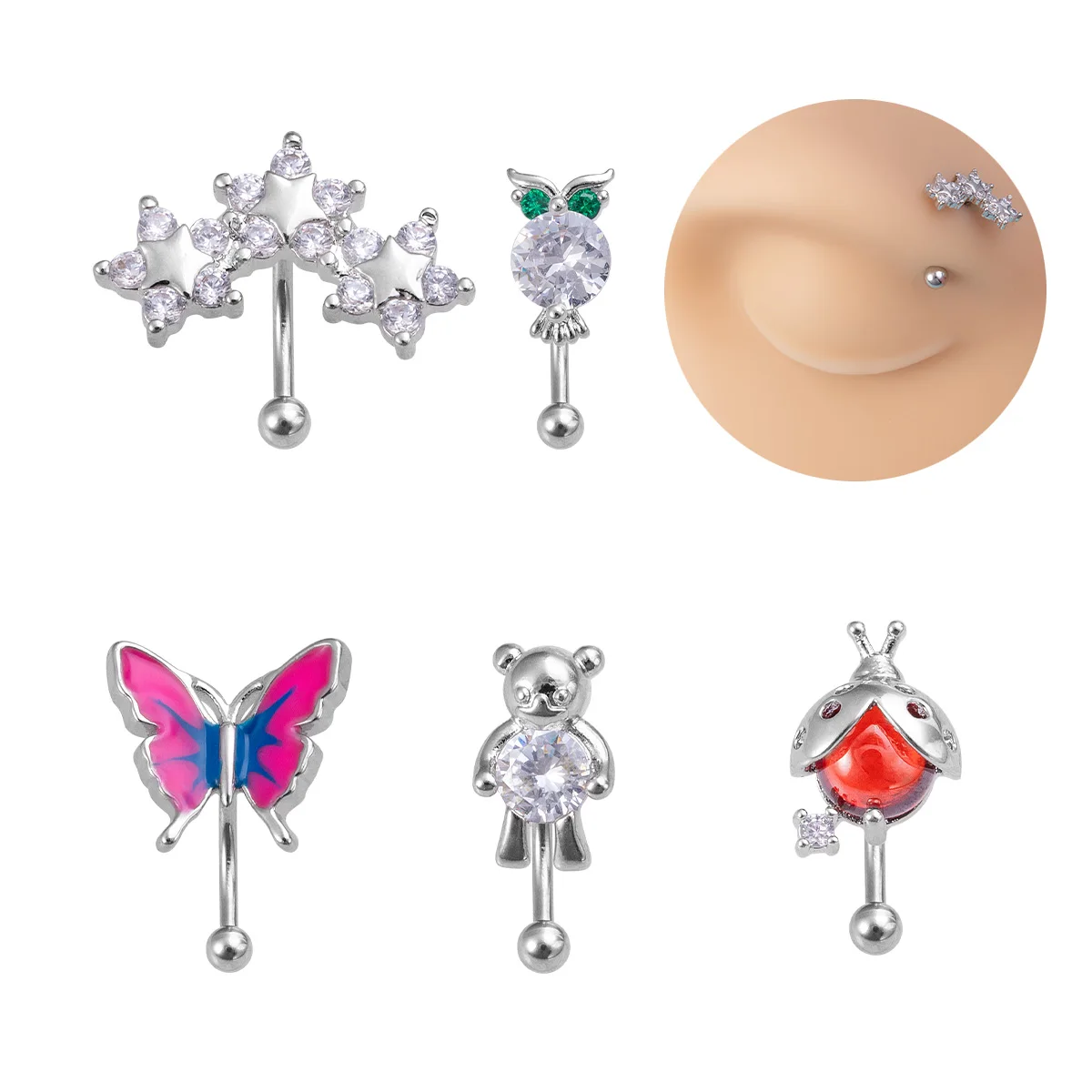 1pc Butterfly Bear Flower Bending Bar Eyebrow Stud for Women Zircon Stainless Steel Tragus Helix Piercing Stud Cute Lobe Earring