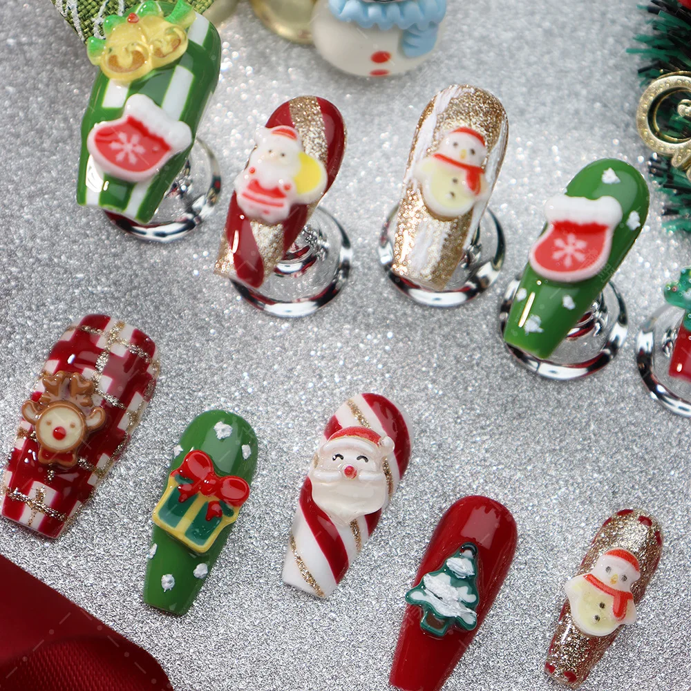 10 pçs nova imprensa de natal em unhas artesanal 3d rena árvore de natal papai noel decoração falso prego flash ouro vermelho verde unhas falsas