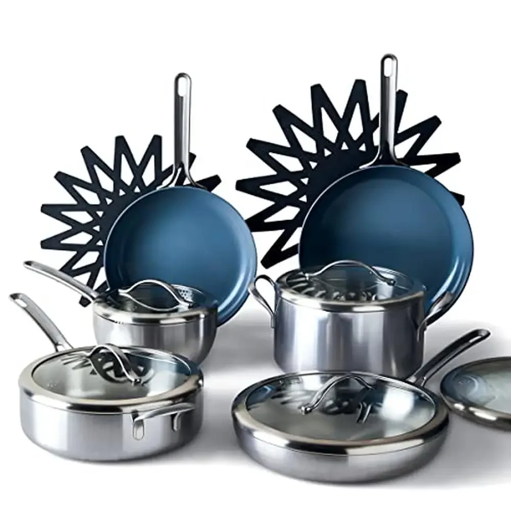 Food 52 Five-Two Stainless Steel Cookware Set with Ceramic Nonstick Pans Rivet-Free Handles Non-Slip V-Shape Diamond-Coated