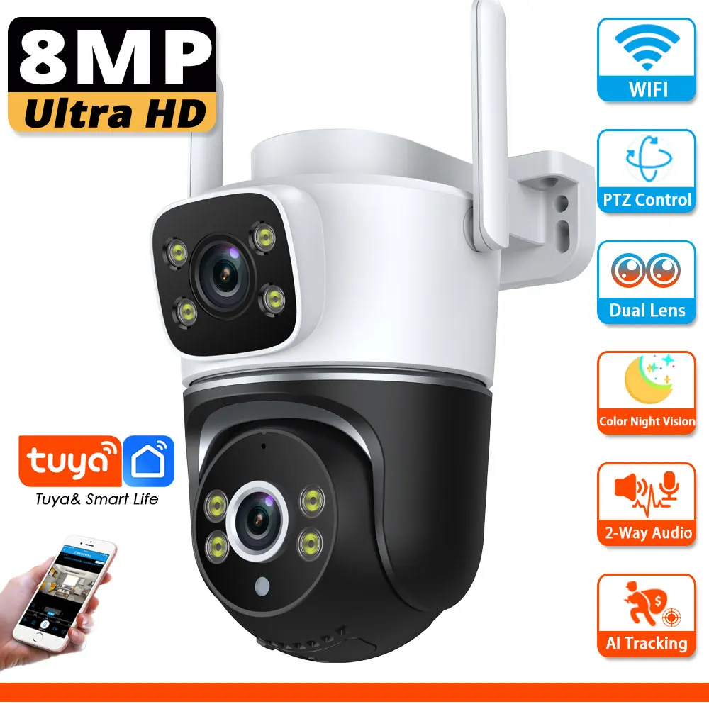 

Tuya Video Surveillance Camera Wifi 8MP 4K Dual Lens Outdoor Security IP Camera PTZ Wireless CCTV Cameras Smart Home Monitor