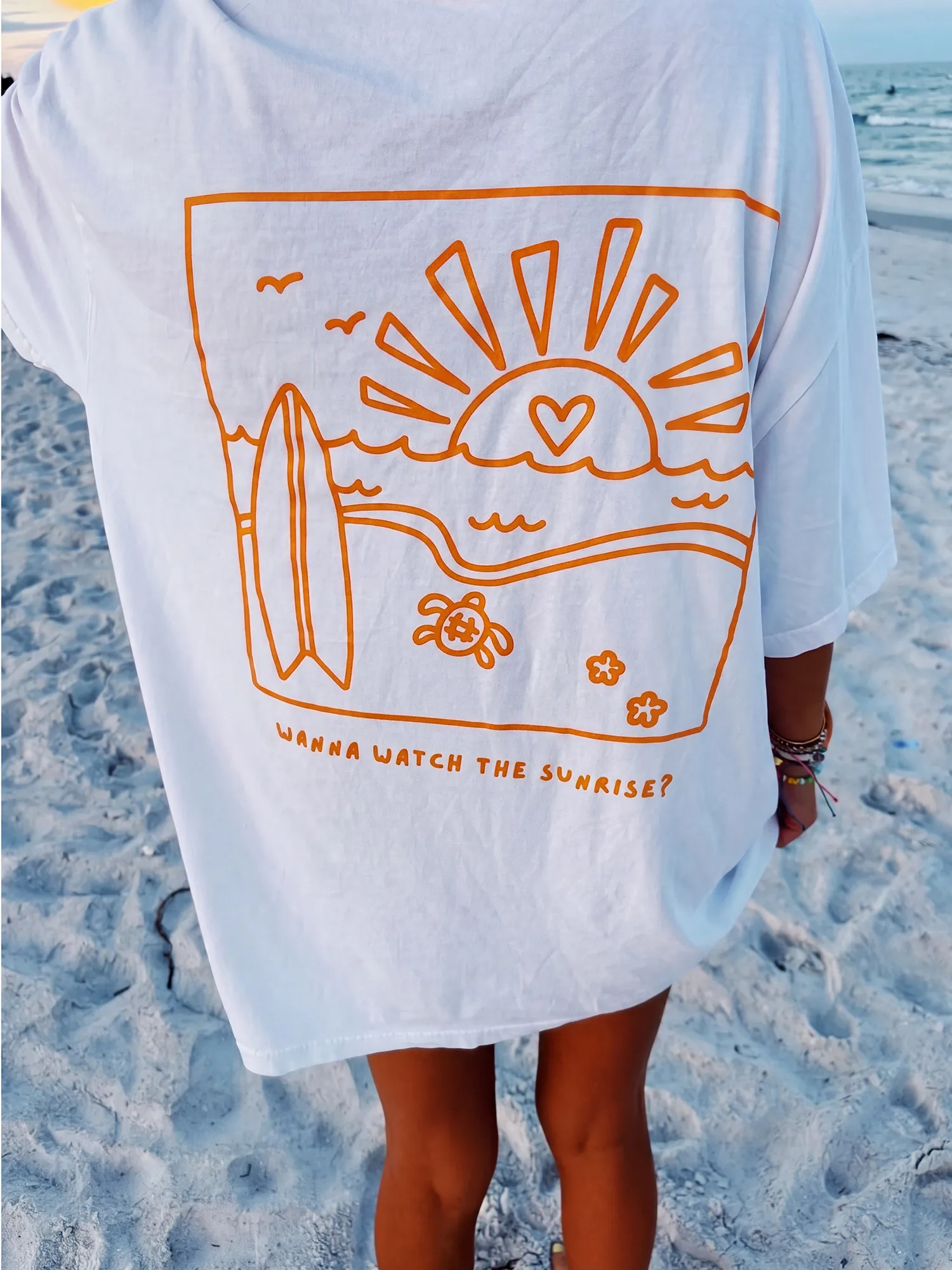 Boho Beach Sunrise Surf Graphic Cotton Tee Women Sweet T Shirt Back Print Sea Turtle Holiday Casual Summer Loose Top Russian New