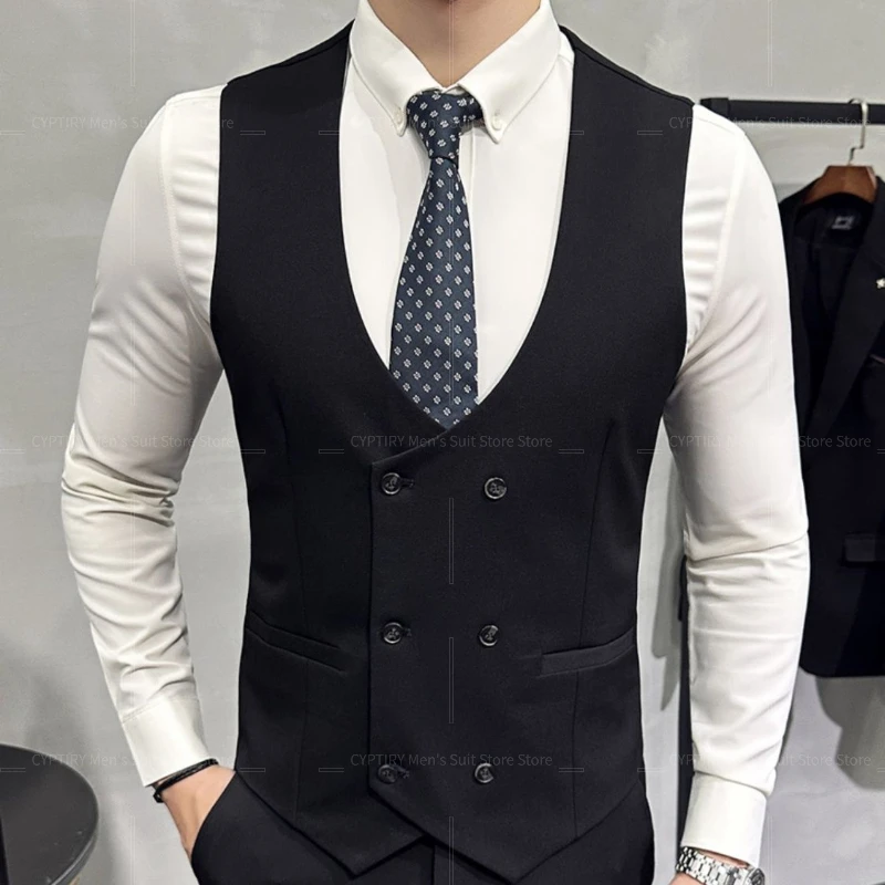 

Men's Double-Breasted High-End Wedding British Business Suit Slim Fit Vest Groomsman Brother Casual Formal Wear