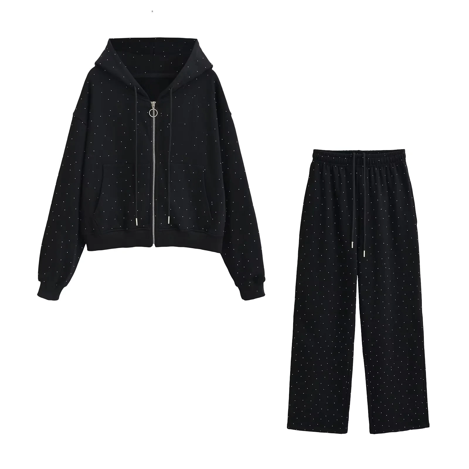 เสื้อฮู้ดทรงหลวมสีเงิน ลายพิมพ์ด้วยความร้อน กางเกงขายาวลำลองเอวยางยืดผูกเชือก เอวสูง สไตล์สบายๆ