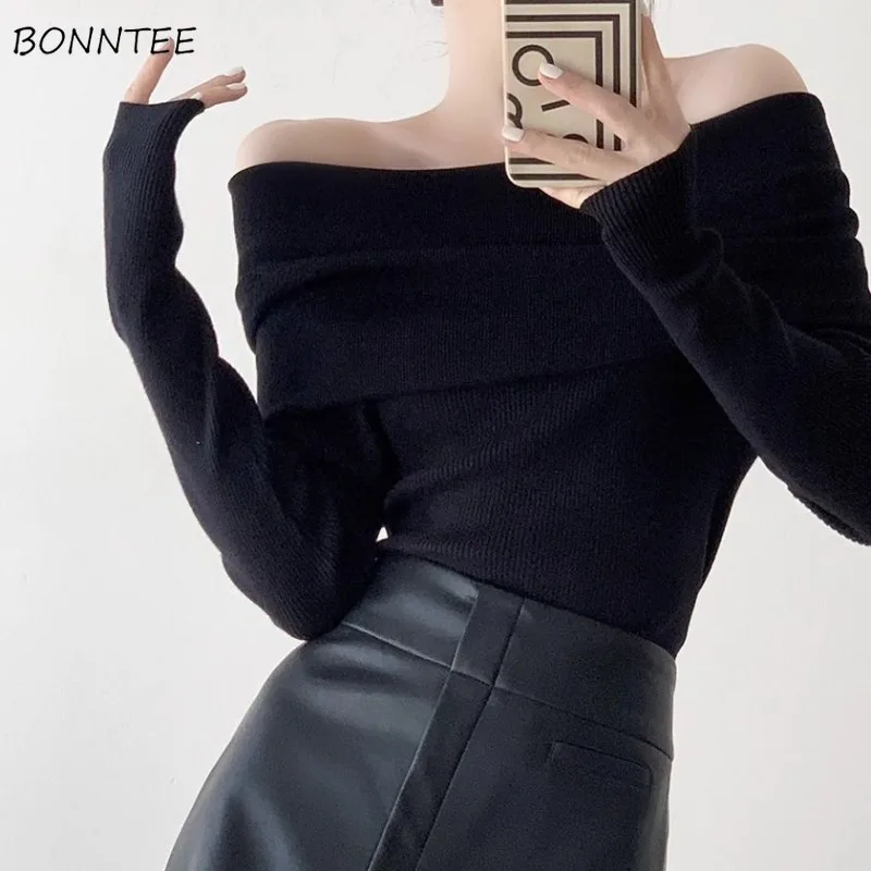 

Slash Neck Knitted Pullovers Women Long Sleeve Off Shoulder Slim Defined Waist Basic Stretchy Solid Pleated Causal Female Chic