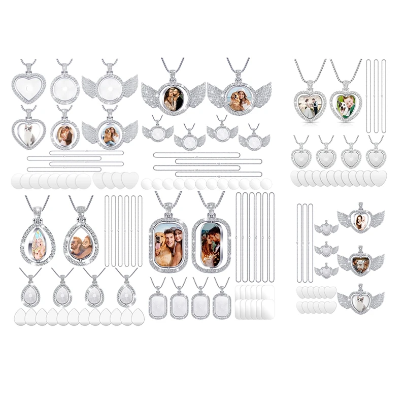 24-teiliges Sublimations-Strass-Tablett-Anhänger-Set, 6 leere Lünettenschalen, 6 Ketten mit 12 Scheiben