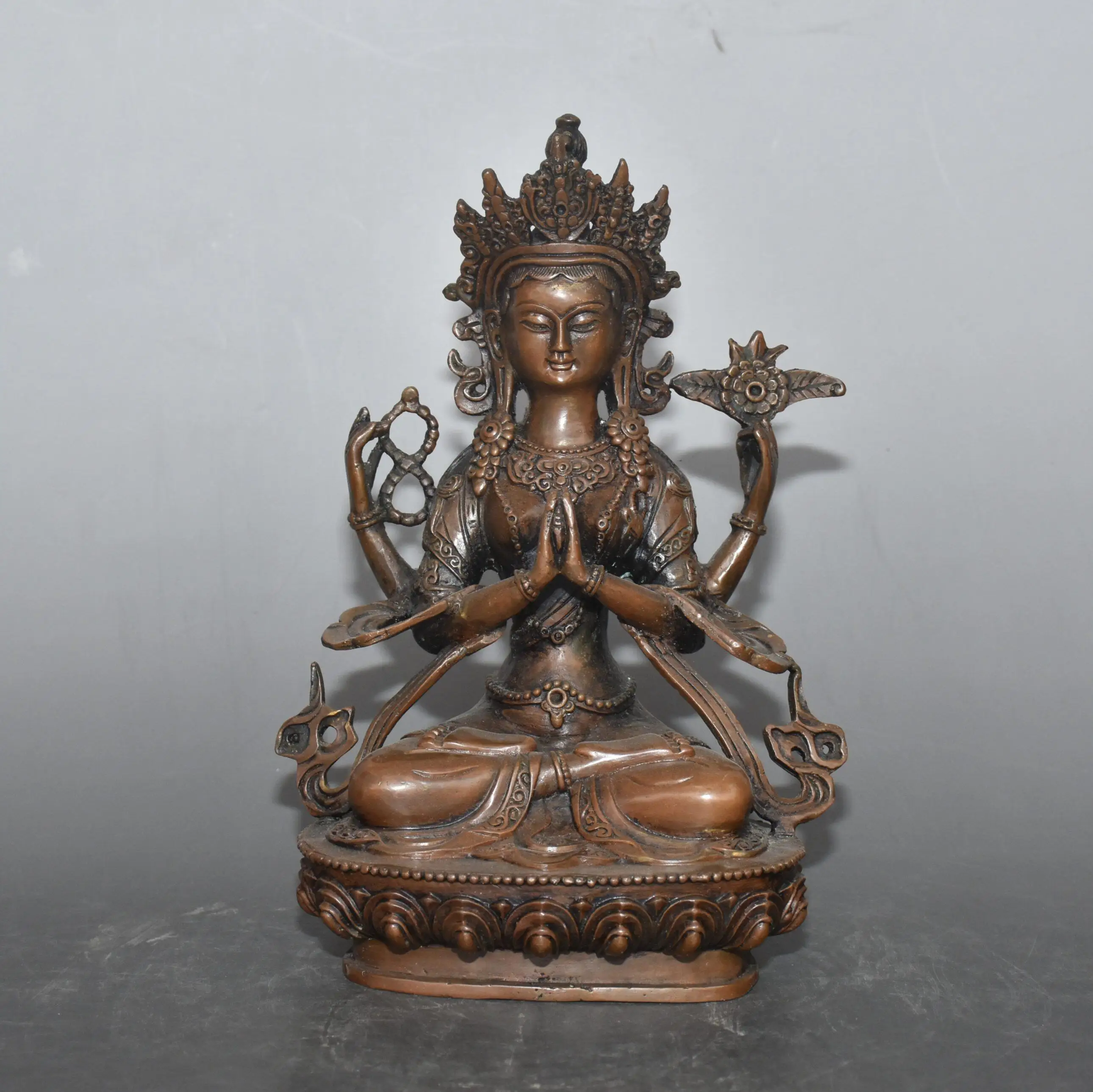 Tibetan Pure Copper Copper Four-Arm Guanyin Buddha Decoration Home Decoration Width 15.5cm thick 7.5cm high 20.5cm