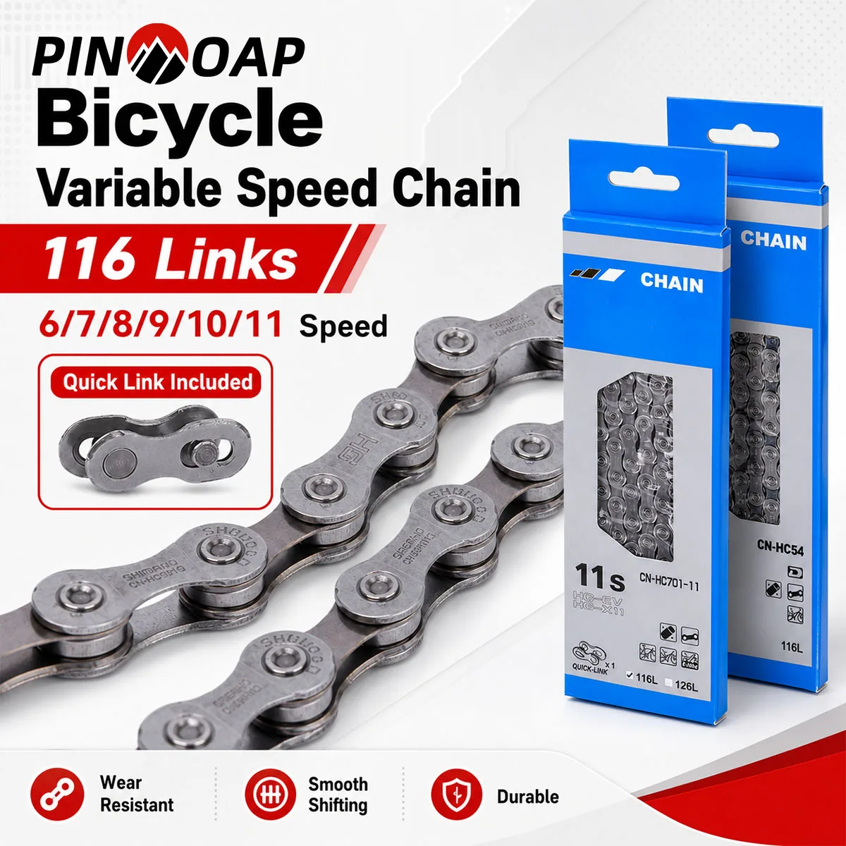 PINMOAP 1P Bicycle Variable Speed Chain 116 Links 6/7/8/9/10/11 Speed MTB Road Bike Chain with Quick Link Smooth Shifting Repair