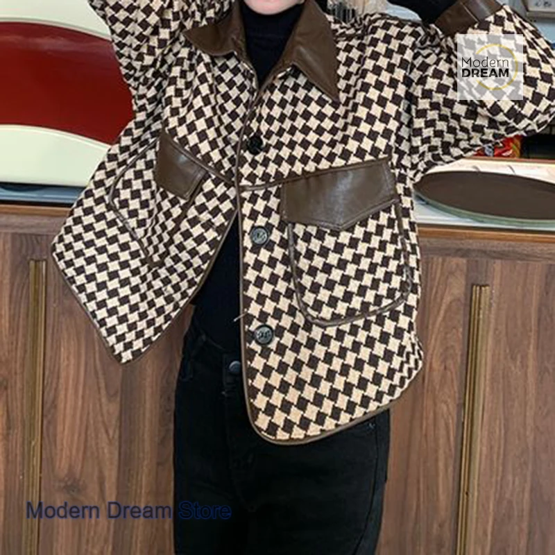 Korean version of small fragrance coat women's autumn and winter plus size loose houndstooth age-reducing casual jacket top
