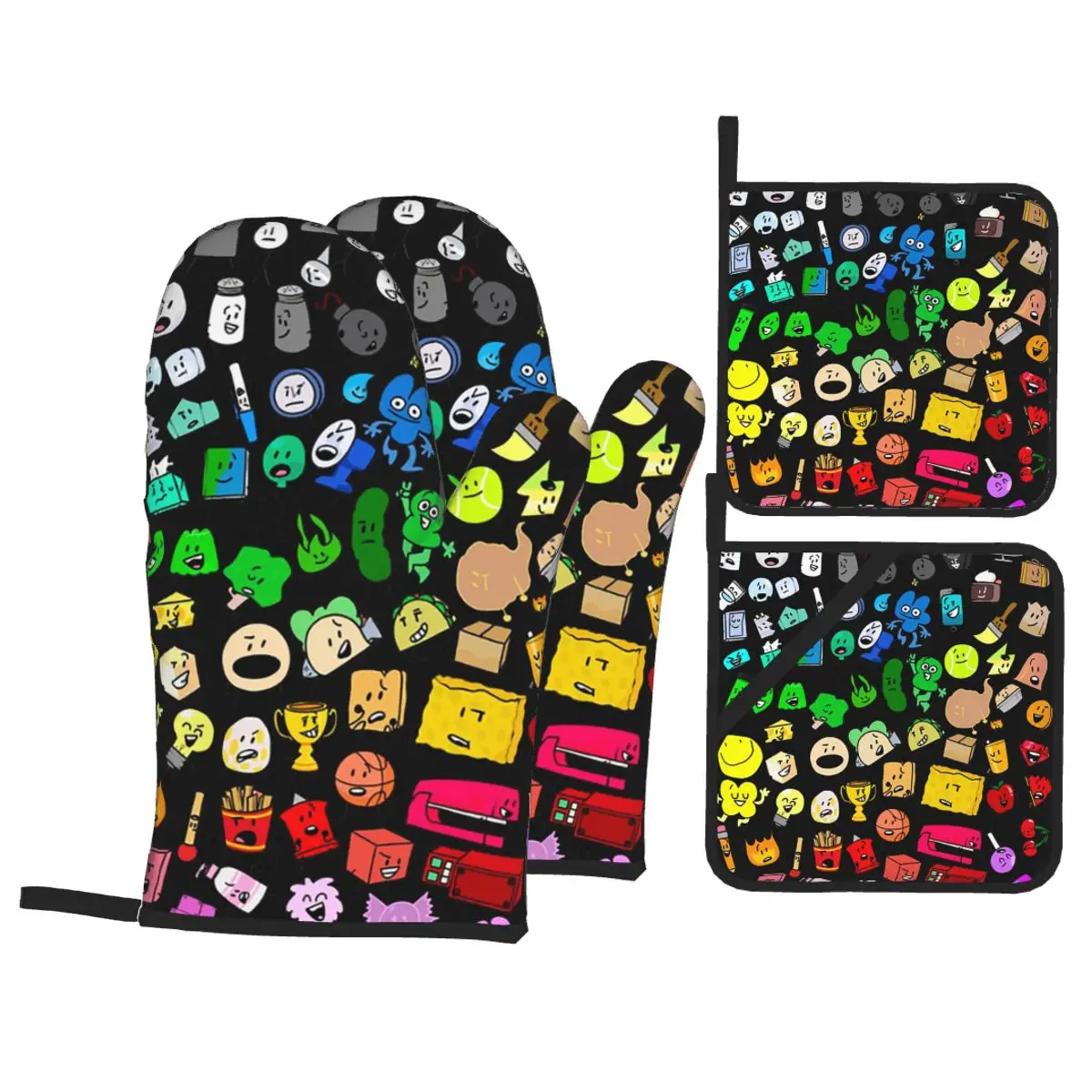 BFDI Inanimate Insanity All Character Oven Mitts and Pot Holder Sets of 4 for Baking Cooking Grilling Resistant Non-Slip Gloves