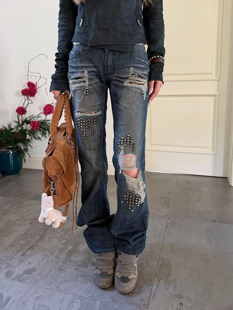 

American Sexy Hot Girl Rivet Patchwork Jeans Distressed Vintage Washed Women Streetwear Y2k Retro Pants Slim Spring Summer