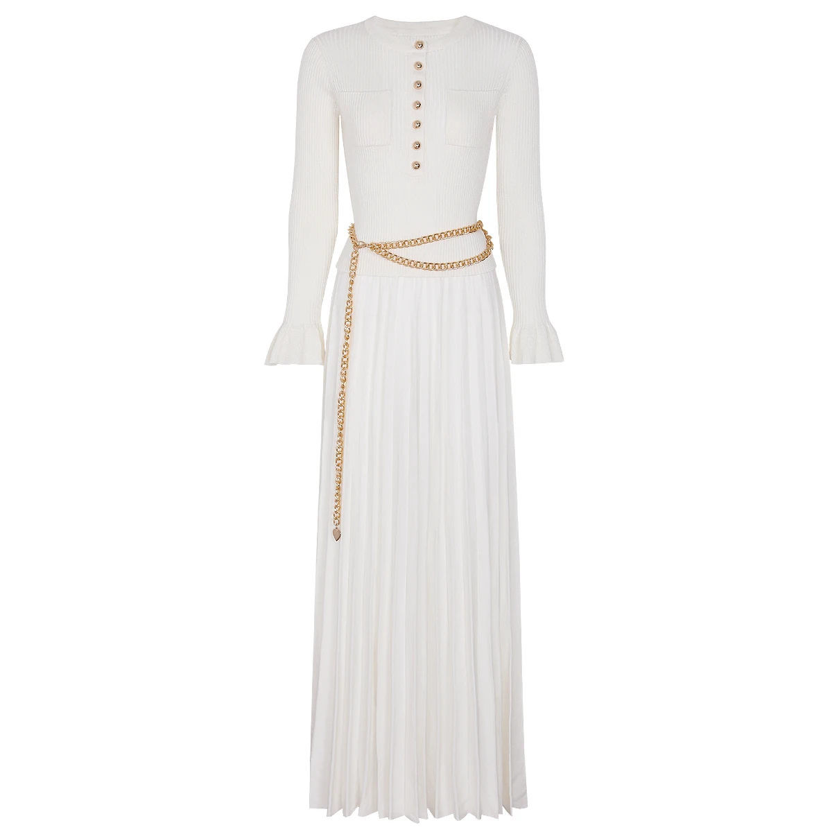 

25292 High-quality Spring And Autumn New Slim Fit Chain Belt Long Sleeved Top Knitted Pullover+pleated Skirt Women's Set