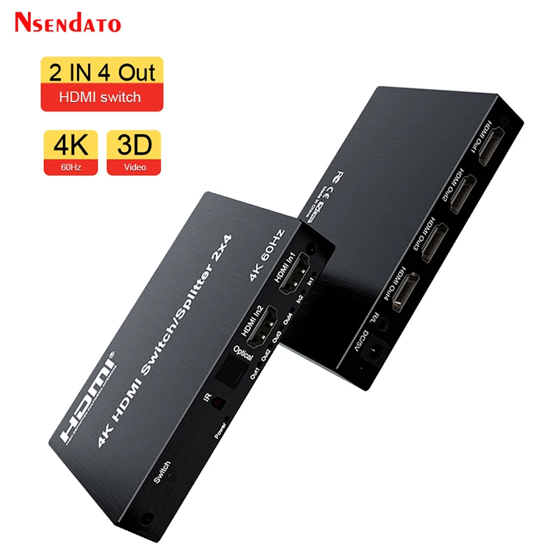 

4K 60Hz 2X4 HDMI Switch Splitter 2 out 4 in Switch Splitter HDMI Splitter Audio Extraction For Dolby Optical PC PS4 TV Monitor