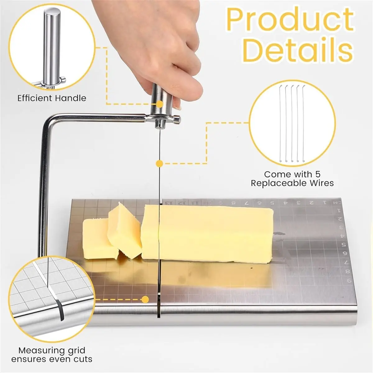 A63I 4 Pack Cheese Slicer with 24 Pcs Replacement Wires Measuring Grid Adjustable Metal Butter Cutter for Block Cheeses,Cakes