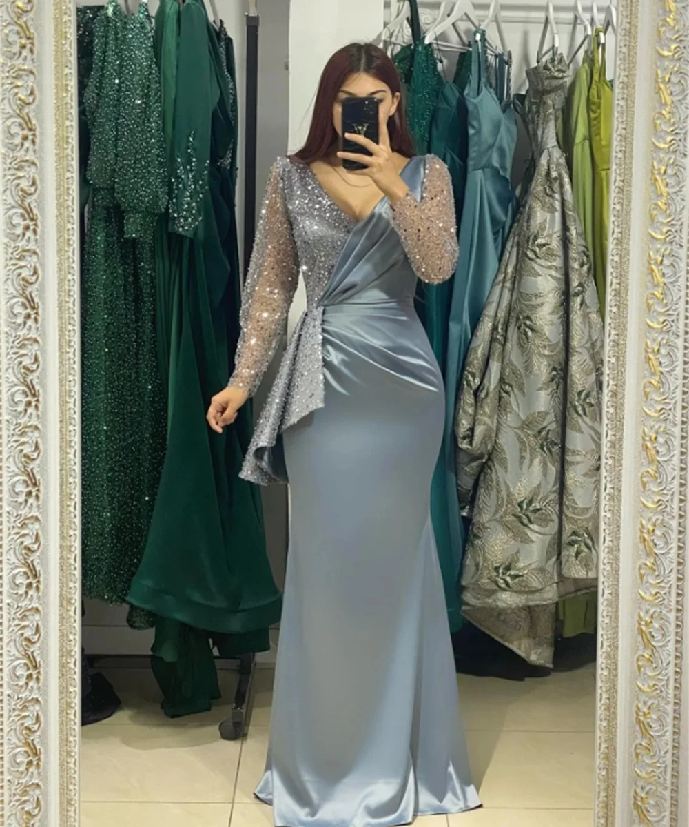 

Shiny V-Neck Formal Dress Long Sleeve Shiny Sequin Mermaid Satin Pleats Evening Gown New Prom Party Dresses