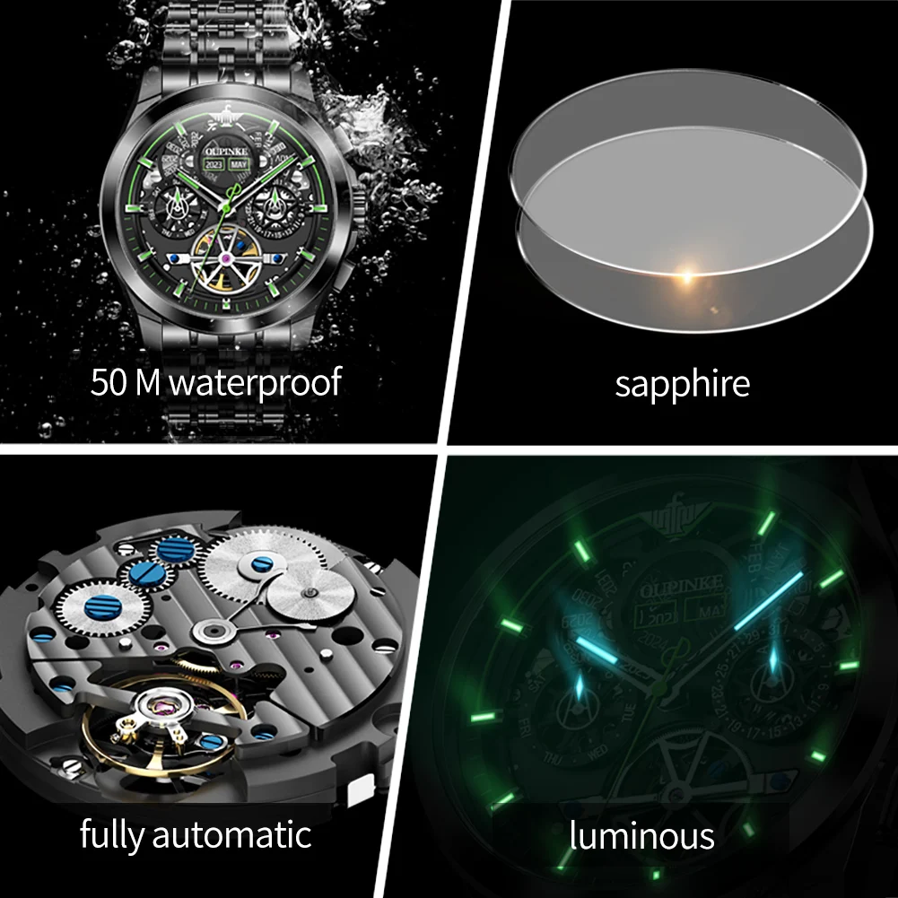 OUPINKE 3235 Black Skeleton Flywheel Automatic Mechanical Watches for Men Multi-function Stainless Steel Luxury Brand Wristwatch