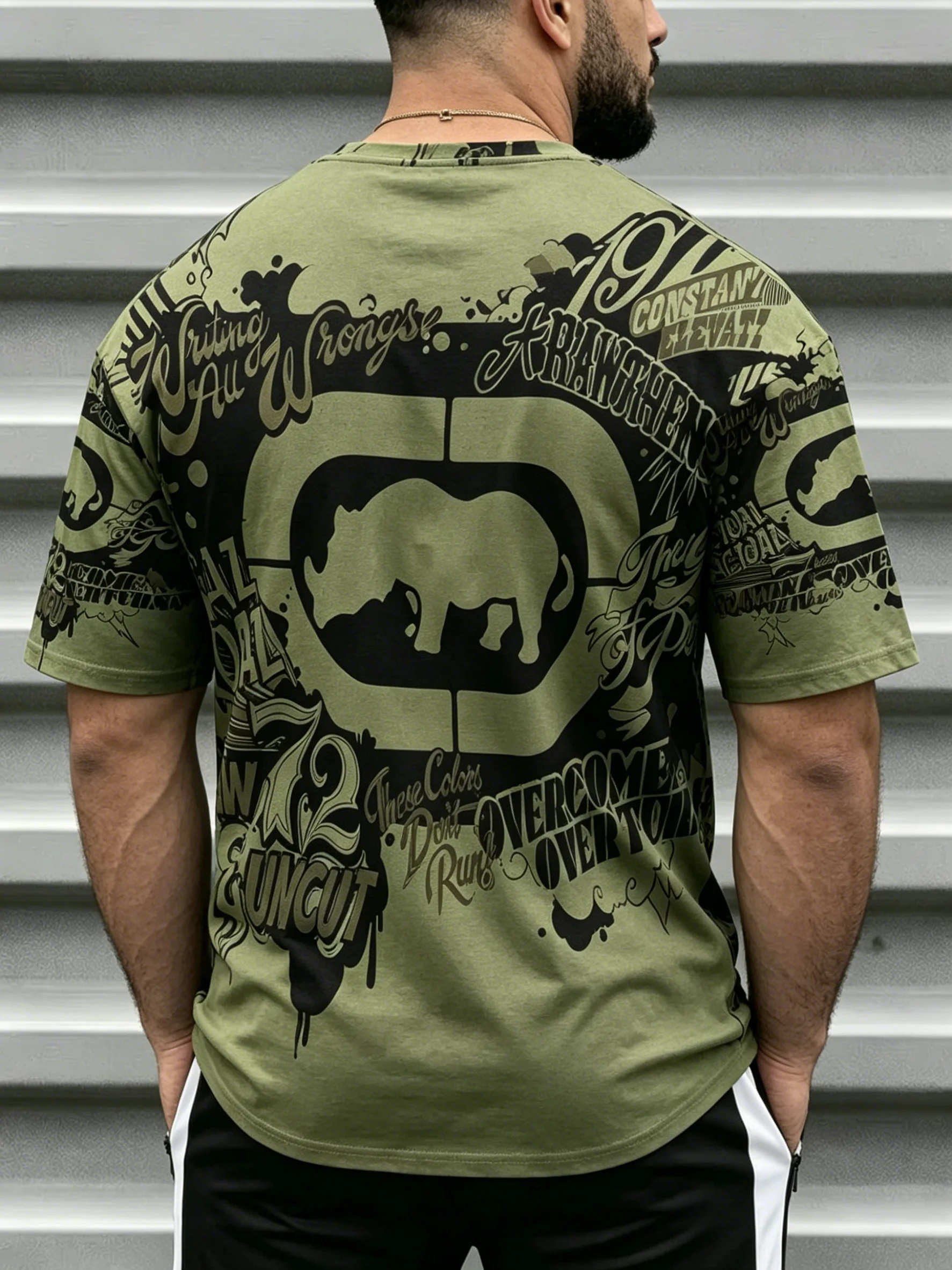 Men's Olive Green Bull Graffiti Full Print T-Shirt Hip Hop Letter Splash Street Crew Neck Tee