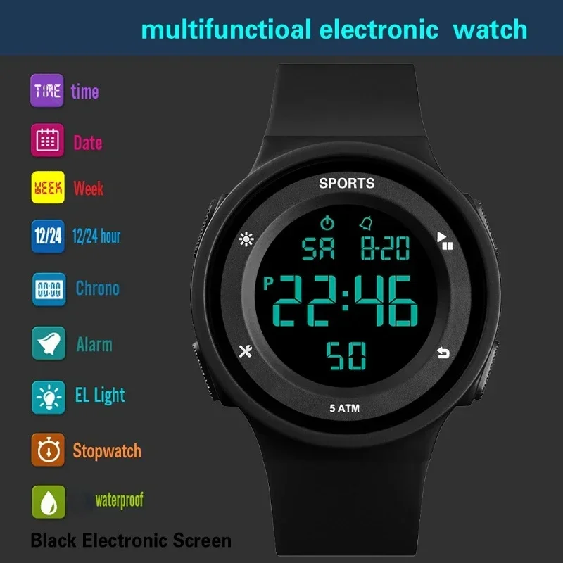 New Sports Digital Watches for Men Women Kids Multifunction Military Sport Watch 5ATM Waterproof Luminous LED Electronic Watch