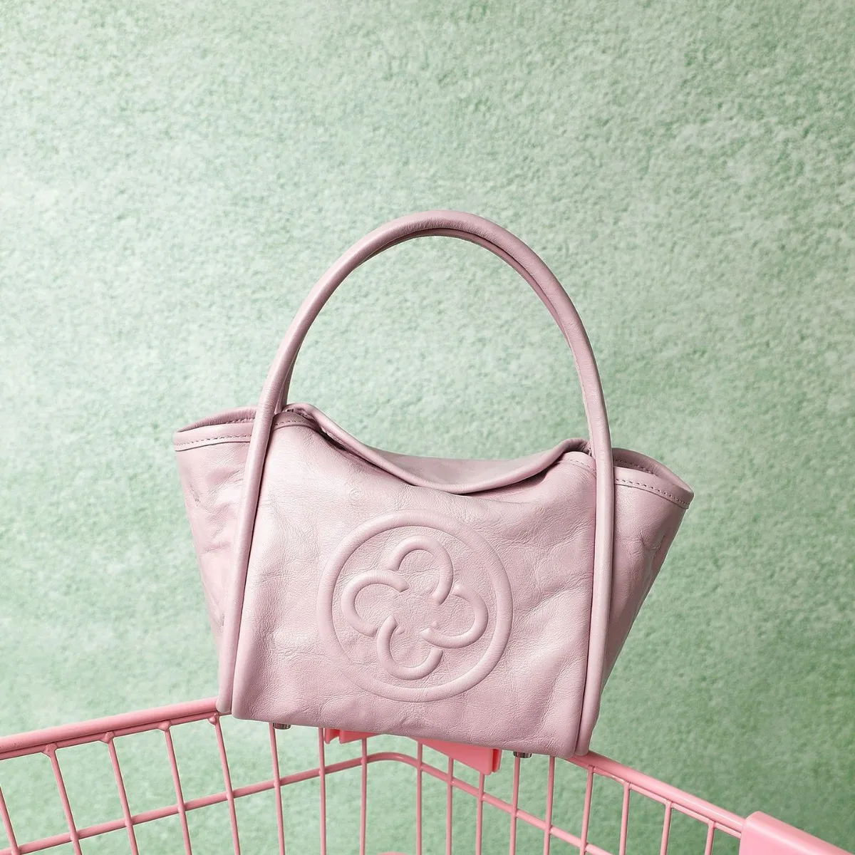

Cassile Summer New Angel Bag Top Layer Cowhide Wrinkled Single Shoulder Crossbody Women's Pink Handbag Basket Bag