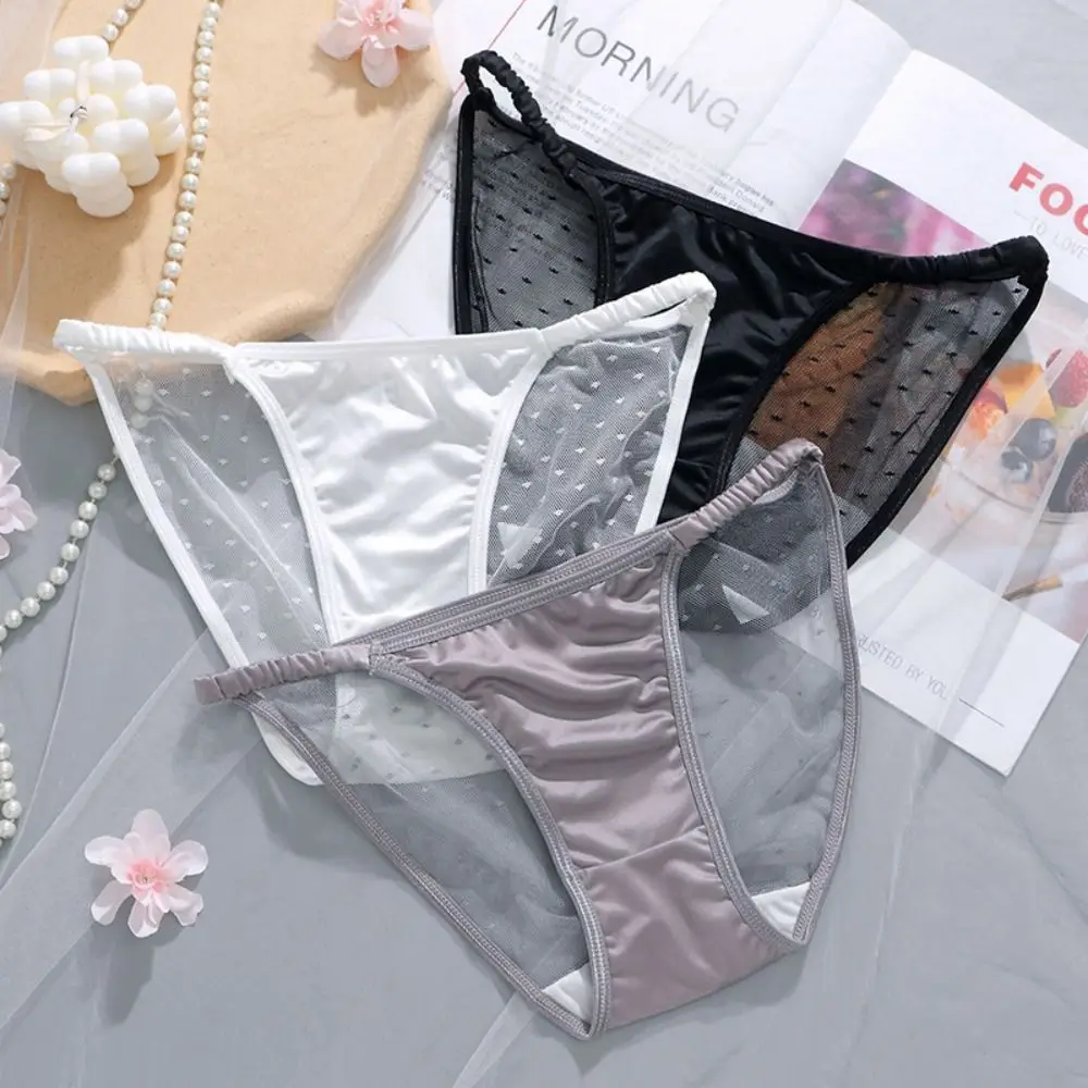 Ice Silk Low Rise Briefs Women Lingerie Soft Korean Sexy Women Underwear Cotton Crotch Transparent Mesh Panties Girls