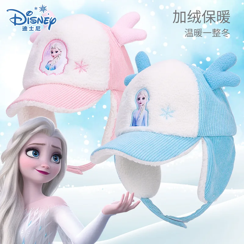 

Disney Frozen Kids Plush Hat Girls Winter Warmth Princess Elsa Lamb Wool Caps children Ear Protector Baseball Cap birthday gifts