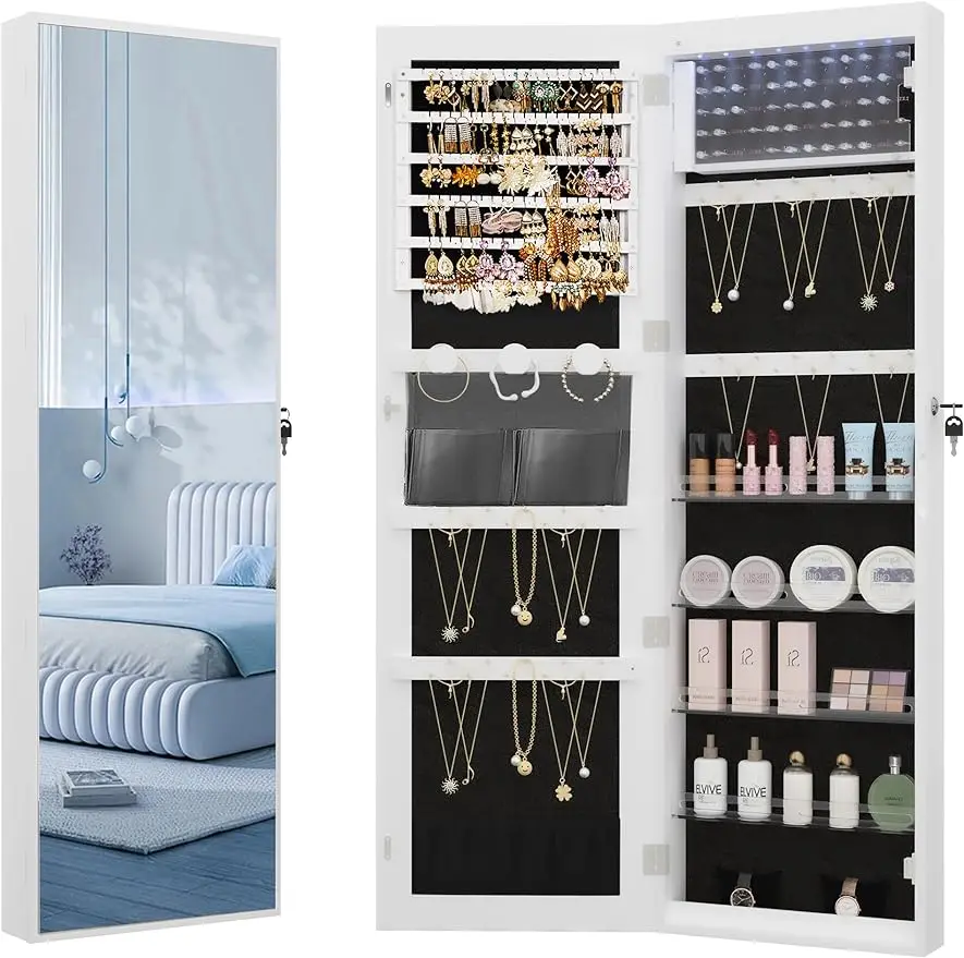 

Wall/Door Mount Lockable Storage Cabinet with 6 Earrings Shelves, 2 Makeup Pockets, White and Black JC12003B