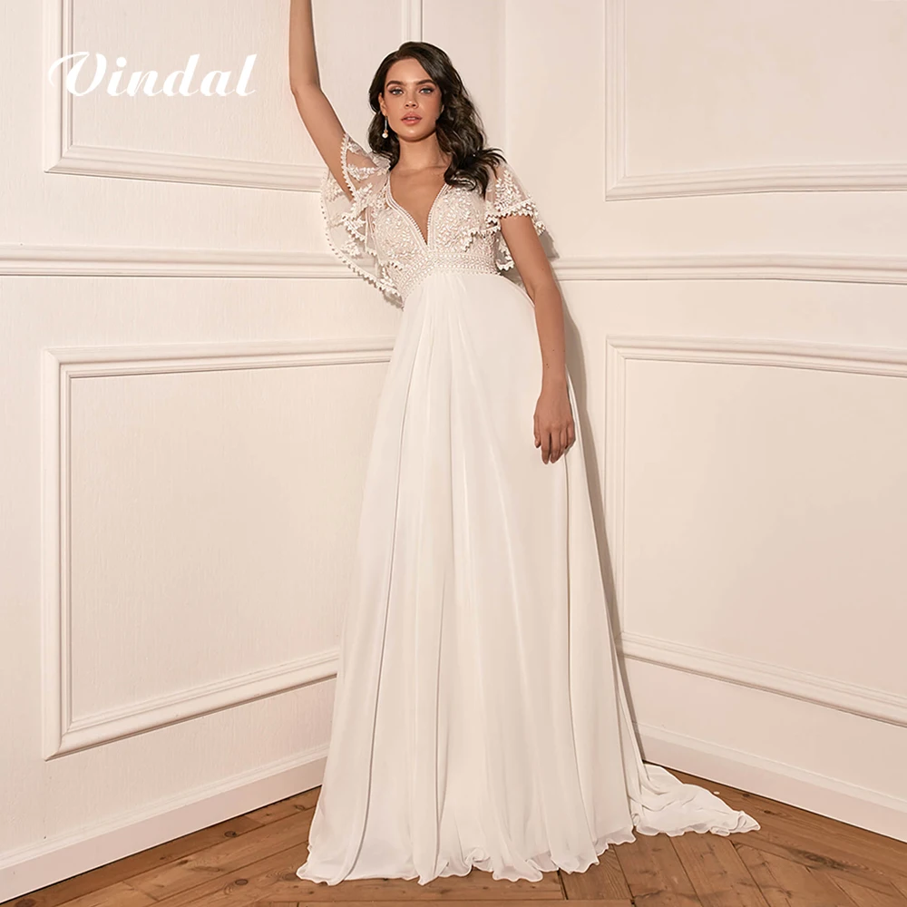 Vindal Boho col en v robes De mariée en mousseline De soie volants manches courtes dentelle a-ligne robe De mariée élégante Vestido De Novia personnalisé