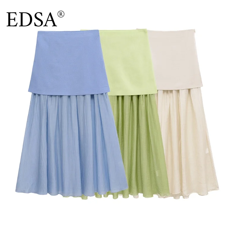 

EDSA Women Combined Pleated Knitted Midi Skirt High Waist Semi-sheer Panels Summer Long Skirts