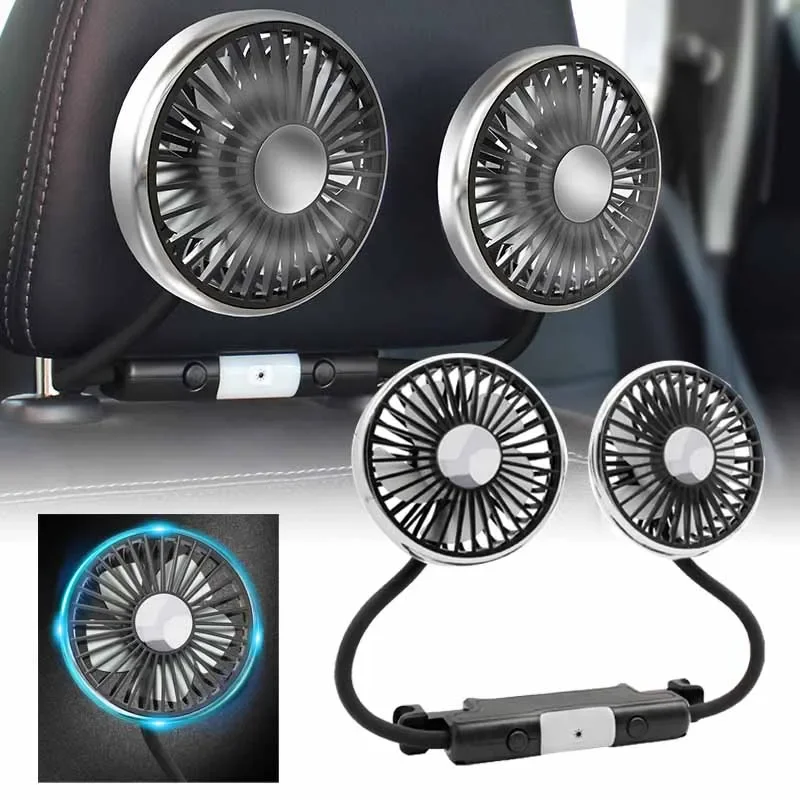 Summer Car Cooling Fan 3-speed Dual Head Car Clip Fan with Led Light 360 Degree Rotation Neck Cooler Fan Car Accessories