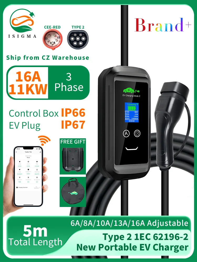 ISIGMA 5M 11KW 16A Typ2 Tuya APP WIFI Steuerung EV Tragbare Lade Box Elektrische Auto Ladegerät CEE ROT stecker Fahrzeug Ladegerät