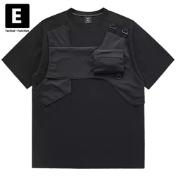Black Techwear T-shirt Men Summer Short Sleeve Tops Tees Hip Hop Streetwear Sleeve Patchwork Cargo Tshirt Male