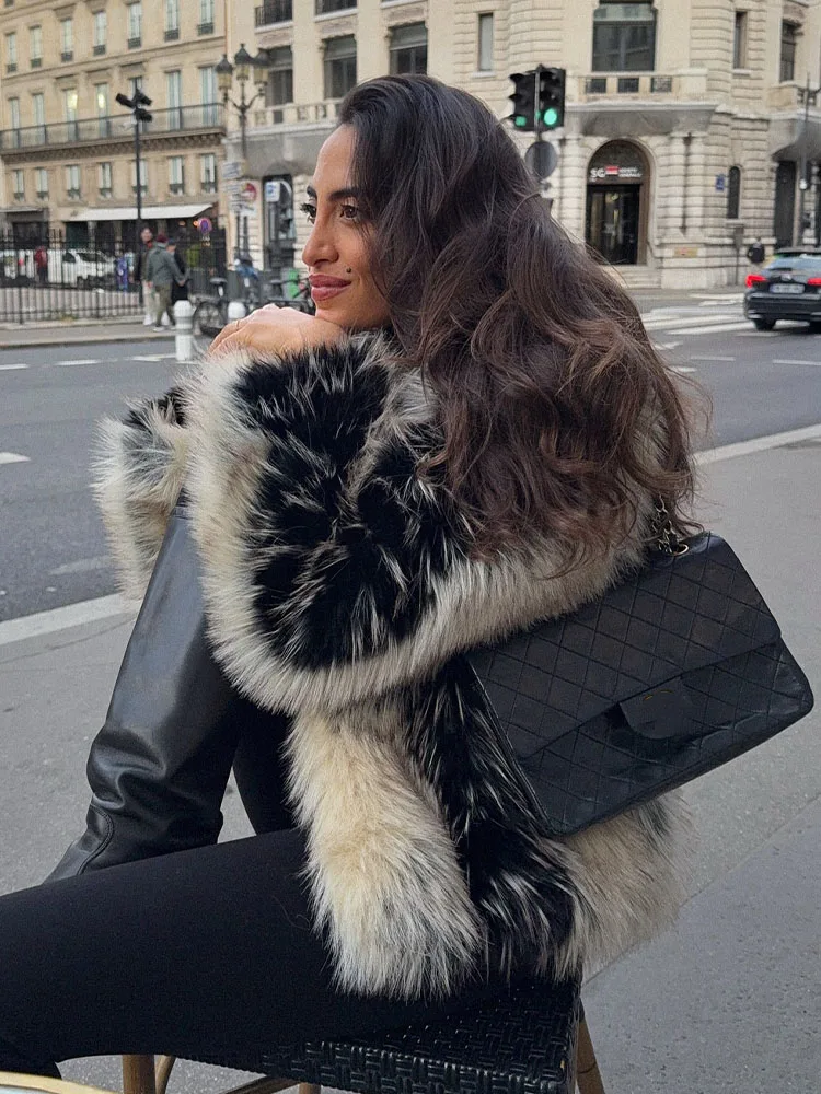 HH レディース 冬新作 フェイクファー風 クルーネック 長袖 暖かいジャケット 隠しバックル カラーブロック装飾 カジュアルコート