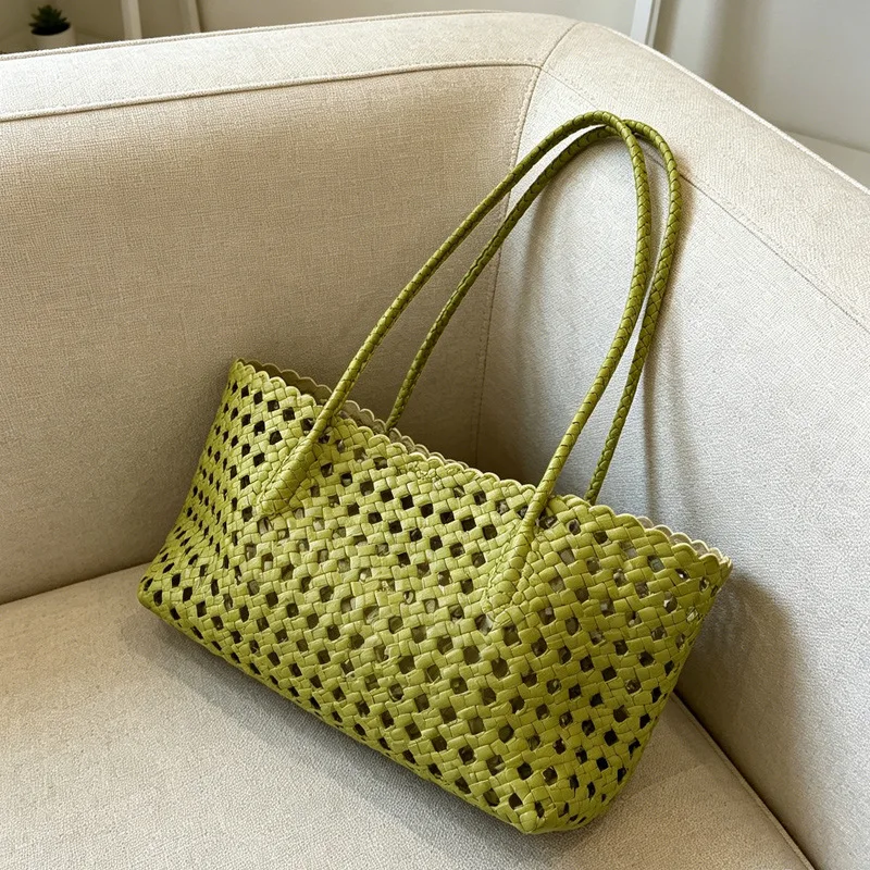 2026 Summer Green Hollow-out Beach Woven Bag Summer Vegetable Basket Bag Seaside Vacation Handbag Single Shoulder Bag