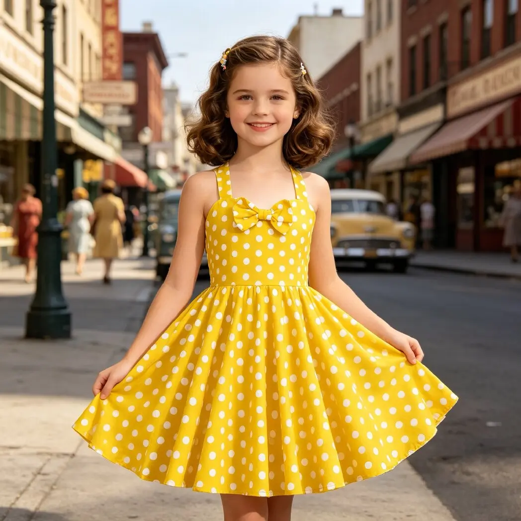 Vestido Infantil de Algodão Estilo Princesa com Gola Halter para Meninas, Vestido Vintage Anos 50 com Poás para Festas de Aniversário e Uso Diário 202