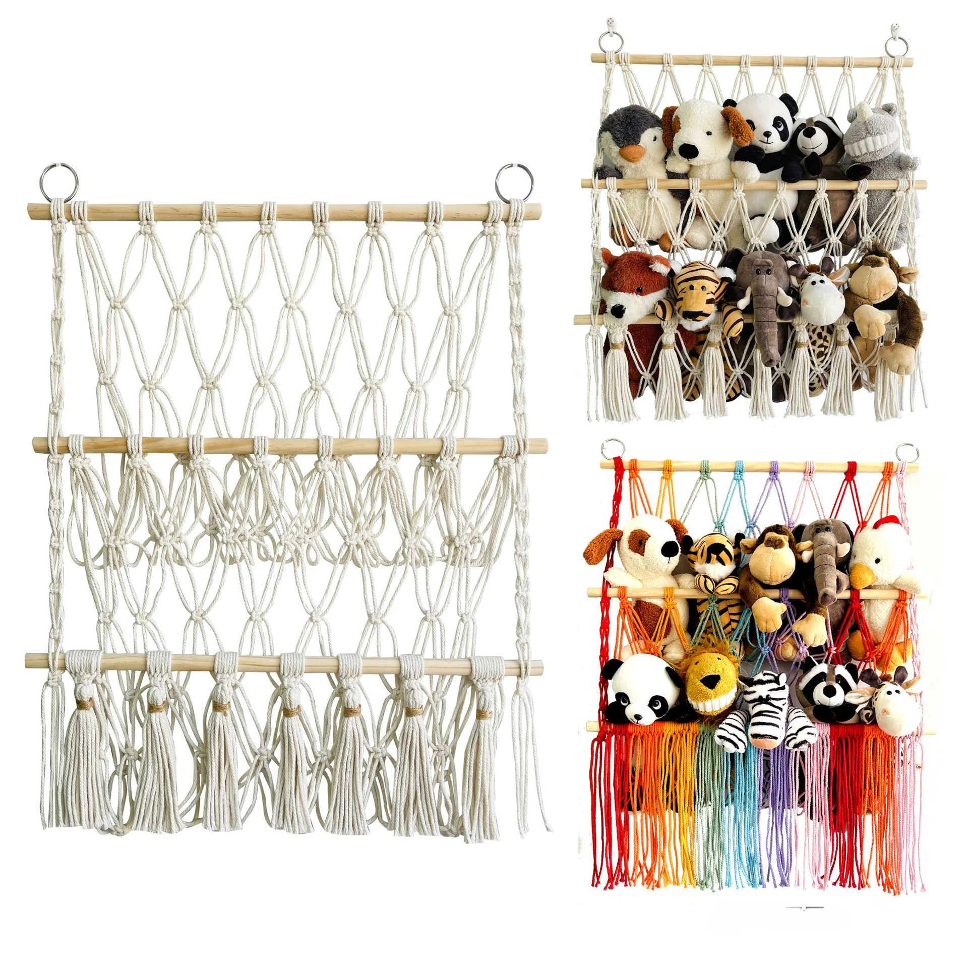 Minimally Decorated Storage Rack Children's Room Book Decorations Plush Toy Storage Rack Wooden Stick Toy Storage Net Pocket