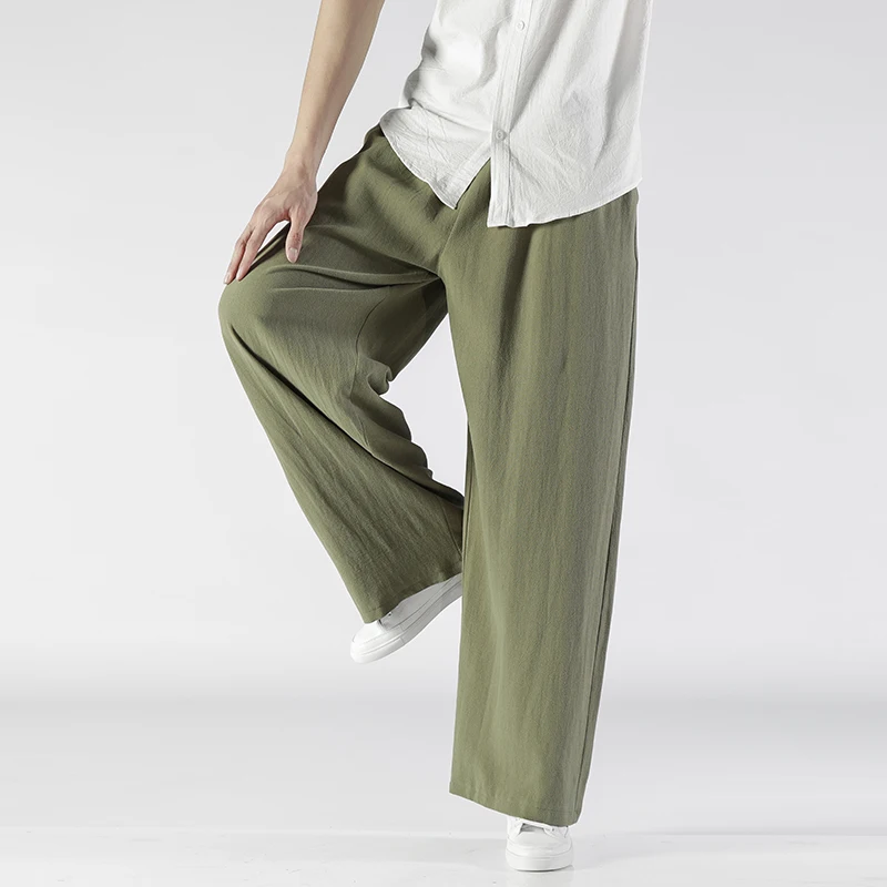 2024 Summer Men's Trousers Cotton Linen Fashion Casual Pants Solid Color Breathable Loose Wide Legs Trousers Straight Pants Man