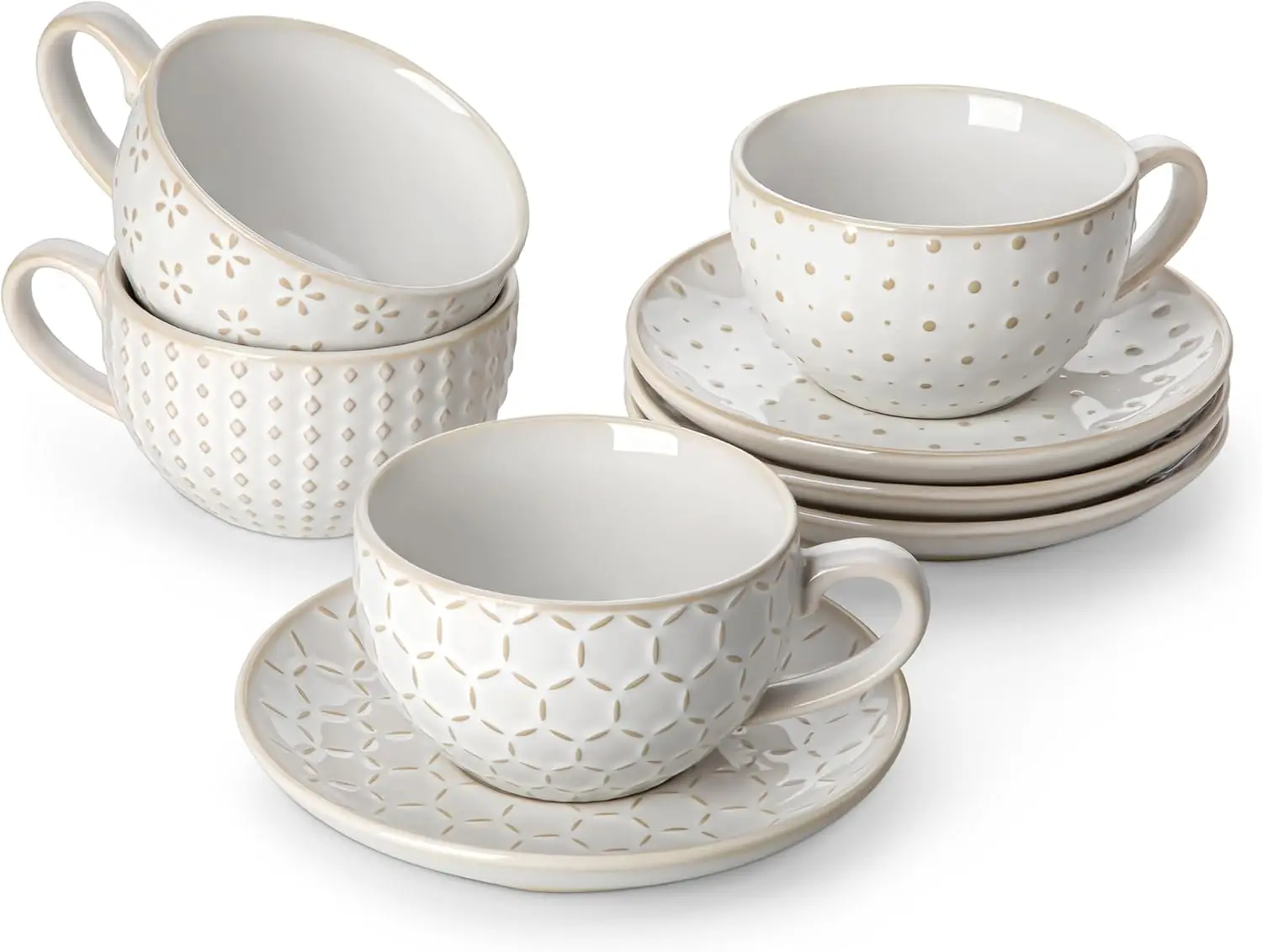 

8 OZ Cappuccino Cups with Saucers Set of 4 - Stackable Espresso and Tea Cups, Dishwasher Safe White Ceramic Coffee Mugs