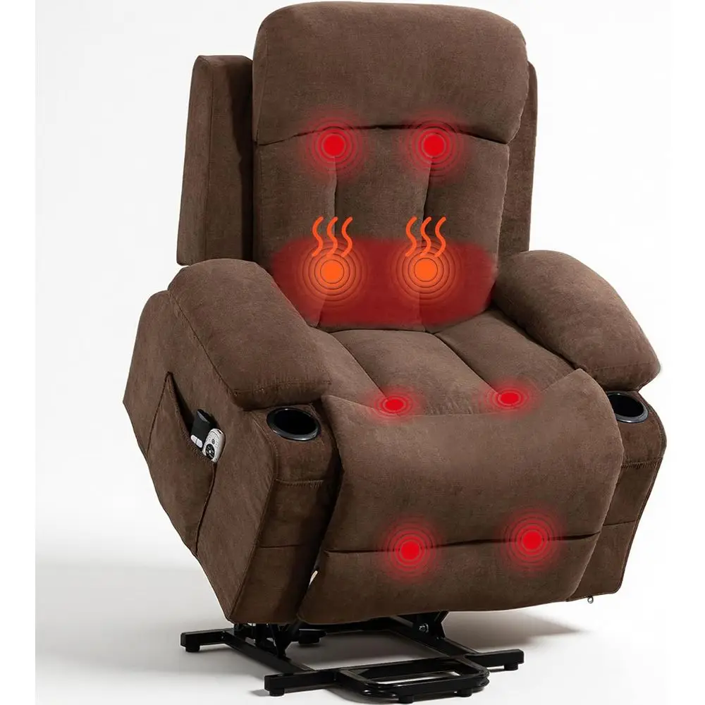 Elegant Reclining Chair for Seniors: Electric, Vibration Massage, Heat, Breathable Fabric, Cup Holders, USB Port, Brown