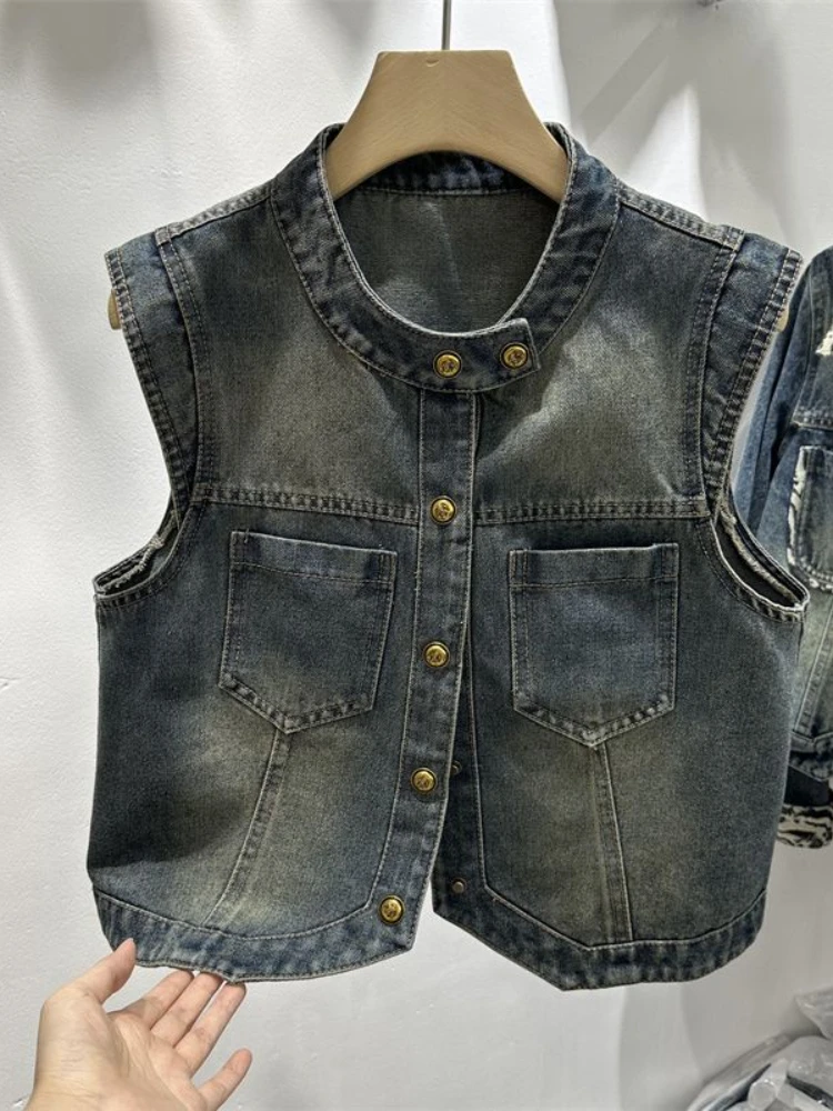 Coletes jeans vintage single breasted para mulheres, bolsos sem mangas, casacos retalhos, roupas com o pescoço, todo o fósforo, moda primavera e outono