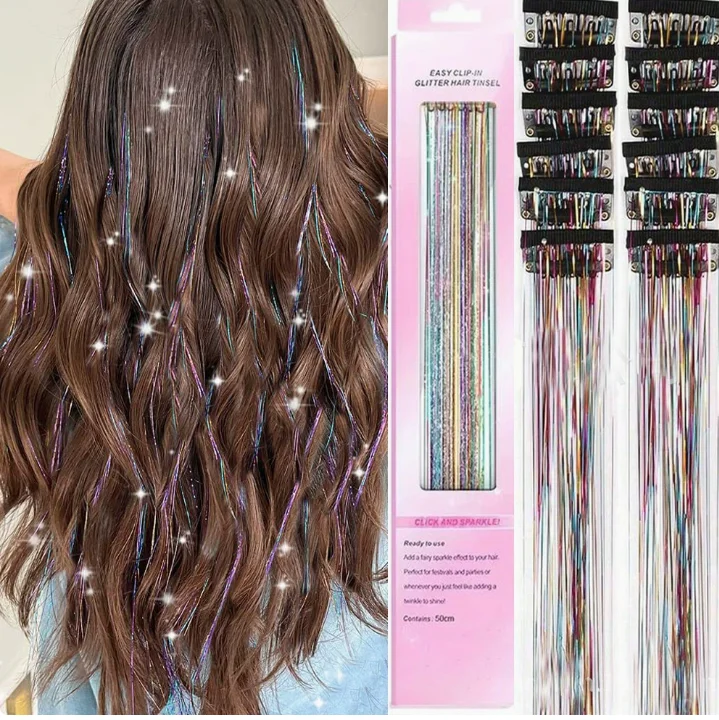 12Pcs Crystal Glitter Hair Extensions 20 Colorful Tinsel Strands Kit Elegant Party Hair Accessories for Women