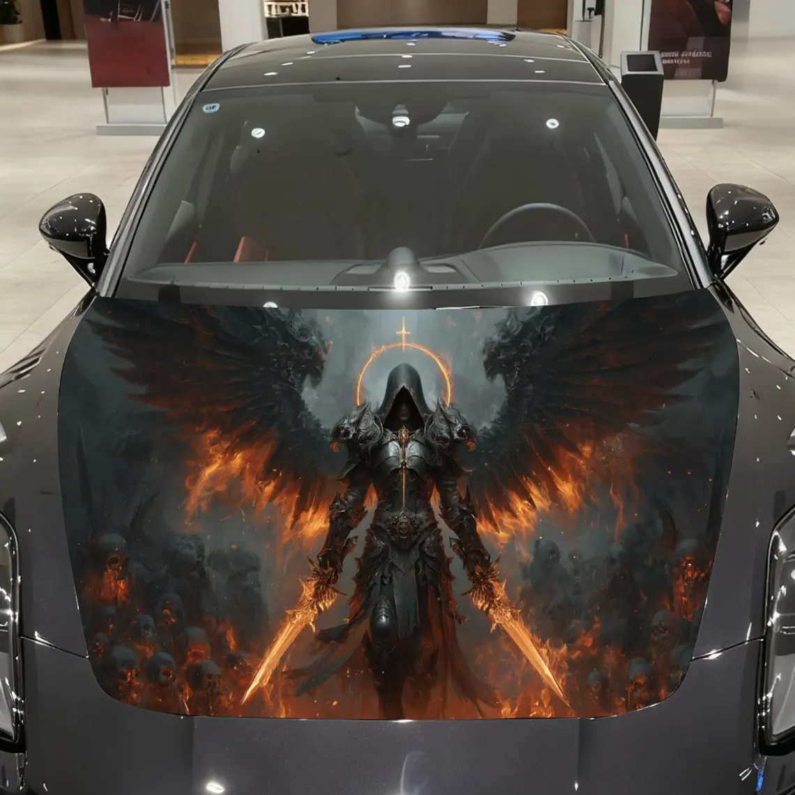 

Hooded Assassin with Dual Swords and Fiery Wings Car Vinyl Wrap, PVC Material Waterproof Car Hood Sticker, Self-Adhesive Scratch