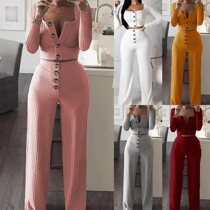 

Sexy Long-sleeved Cardigan Button Slim Casual Suit Ribbed Pit Strip 2 Piece Sets Womens Outfits Buttons Long Pant Two Piece Set