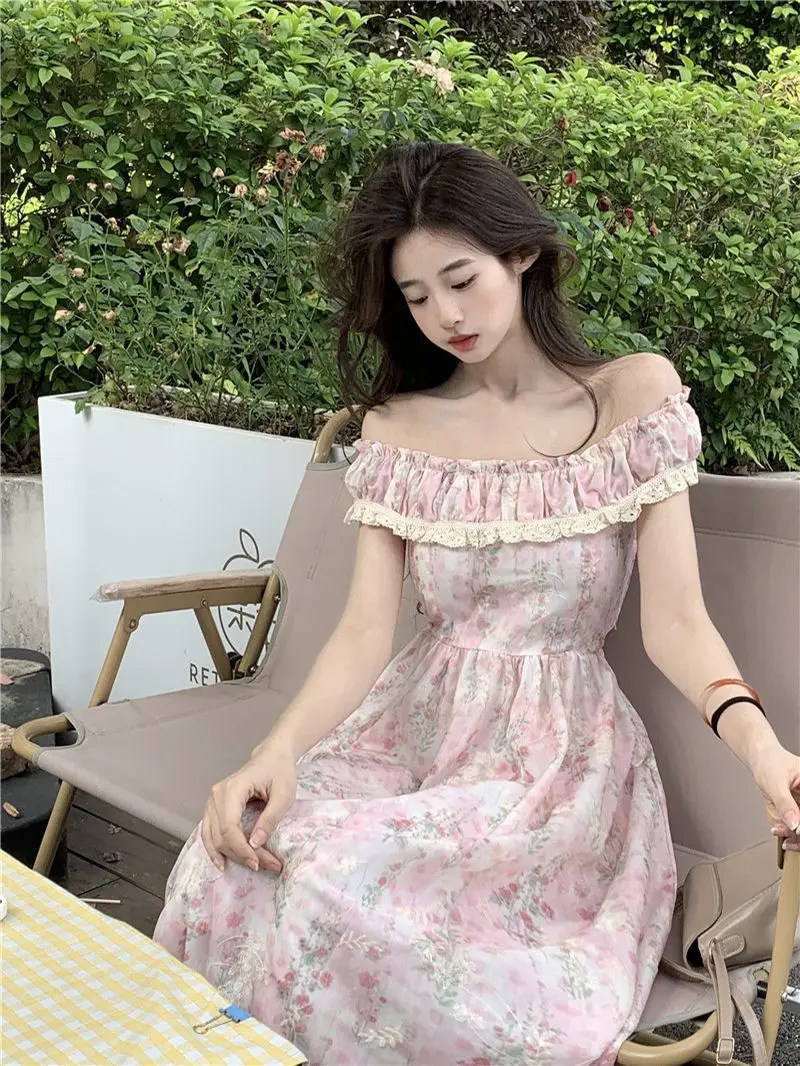 Sweet Ruffled Lace Square Collar Flying Sleeve Floral Temperament Waist-hugging Long Skirt